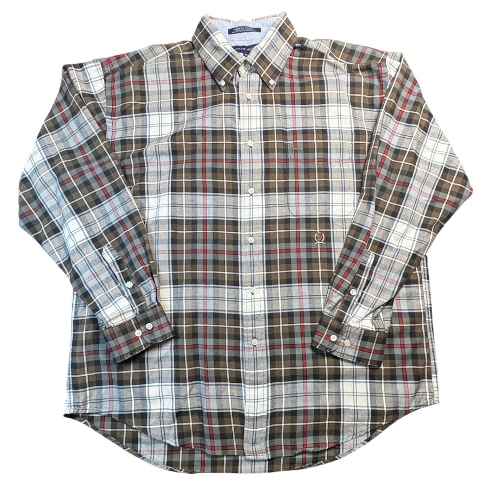 Tommy Hilfiger Mens XL Plaid Button Down Shirt Olive Green Long Sleeve Cotton